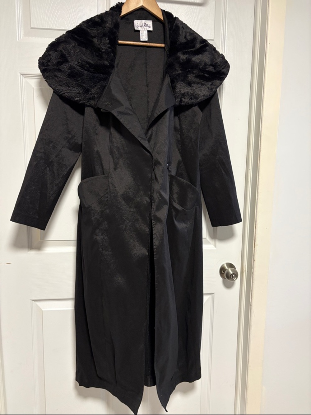 Joseph Ribkoff Black Long Trench Coat with Faux Fur Collar